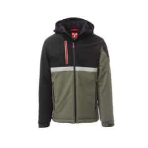 Payper Wise Pad, softshell da lavoro imbottito con cappuccio removibile, antifreddo EN 14058. Colorazione Verde Militare e nero